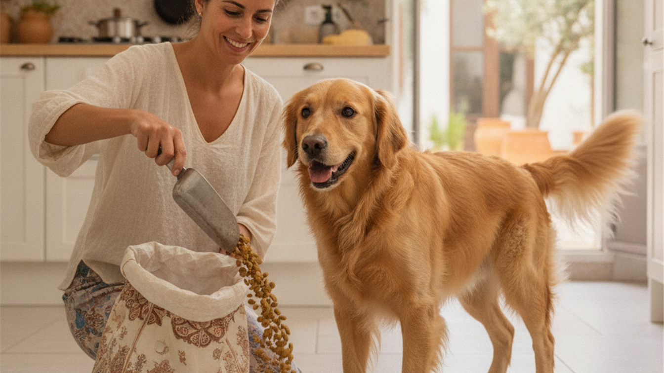 mujer sirviendo pienso a su perro en la cocina