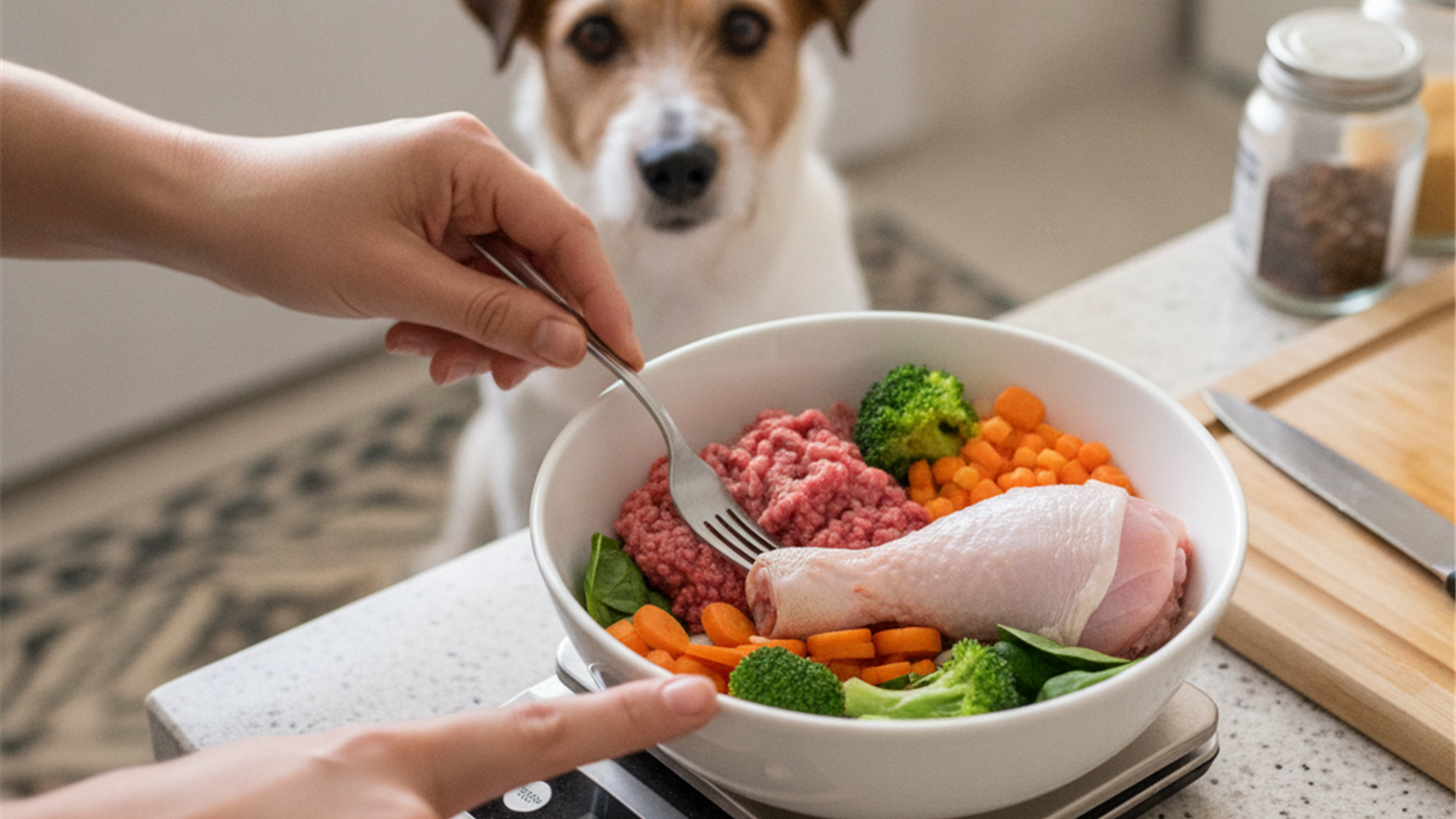 basculando racion de comida BARF para perro en la cocina