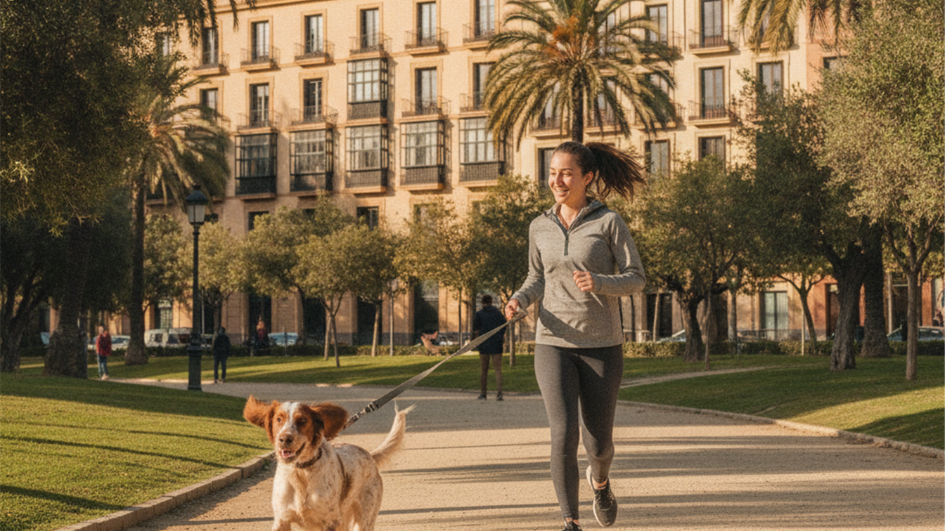 mujer paseando perro en parque ciudad