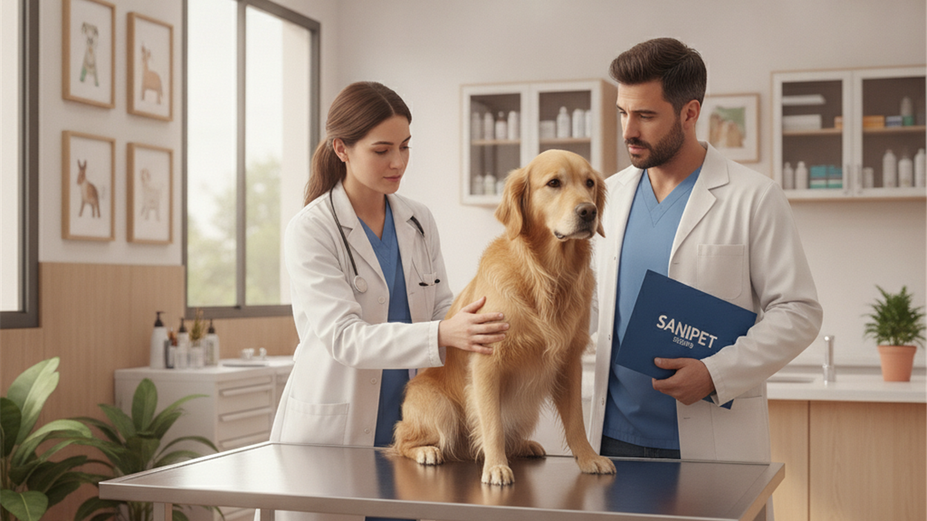 veterinario examinando a un perro en clinica con seguro de mascotas