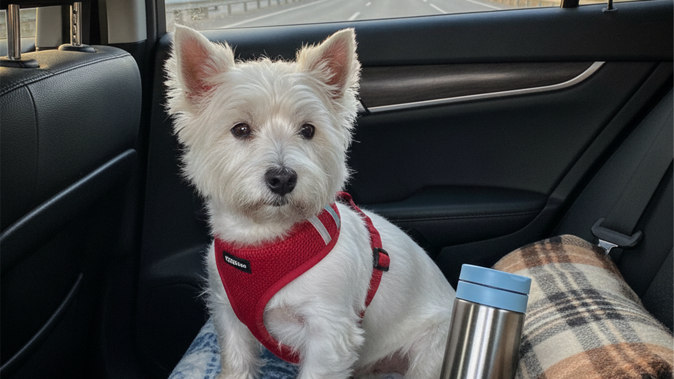 perro pequeno viajando seguro en el asiento trasero del coche