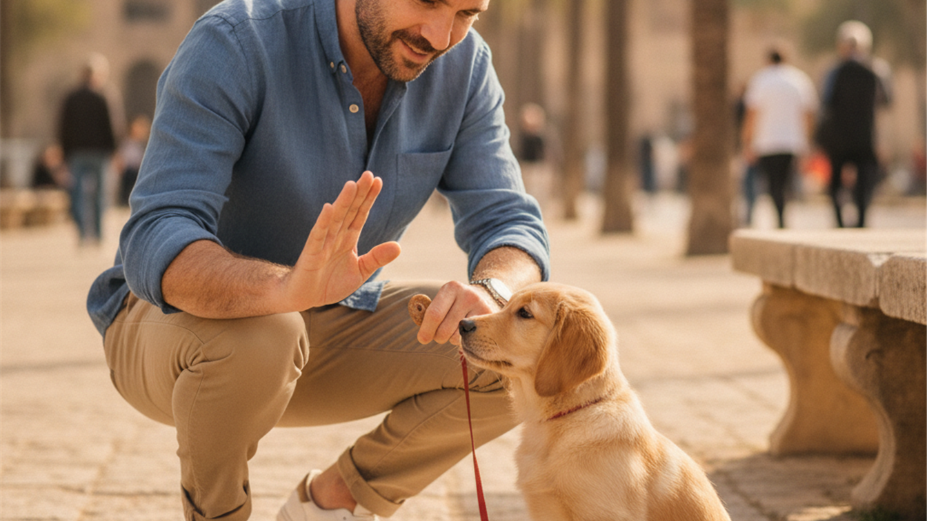 Adiestramiento de cachorro con correa en un parque