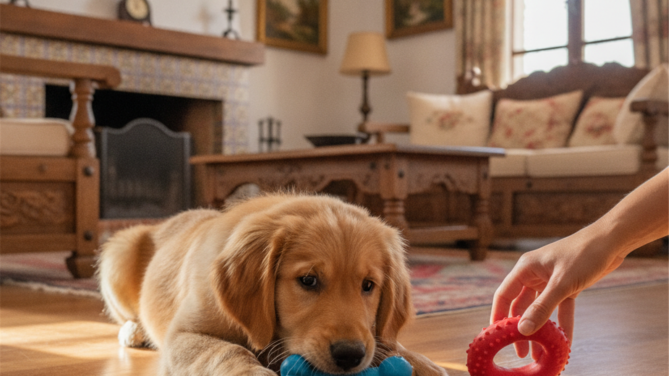 Cachorro mordisqueando un juguete adecuado en casa
