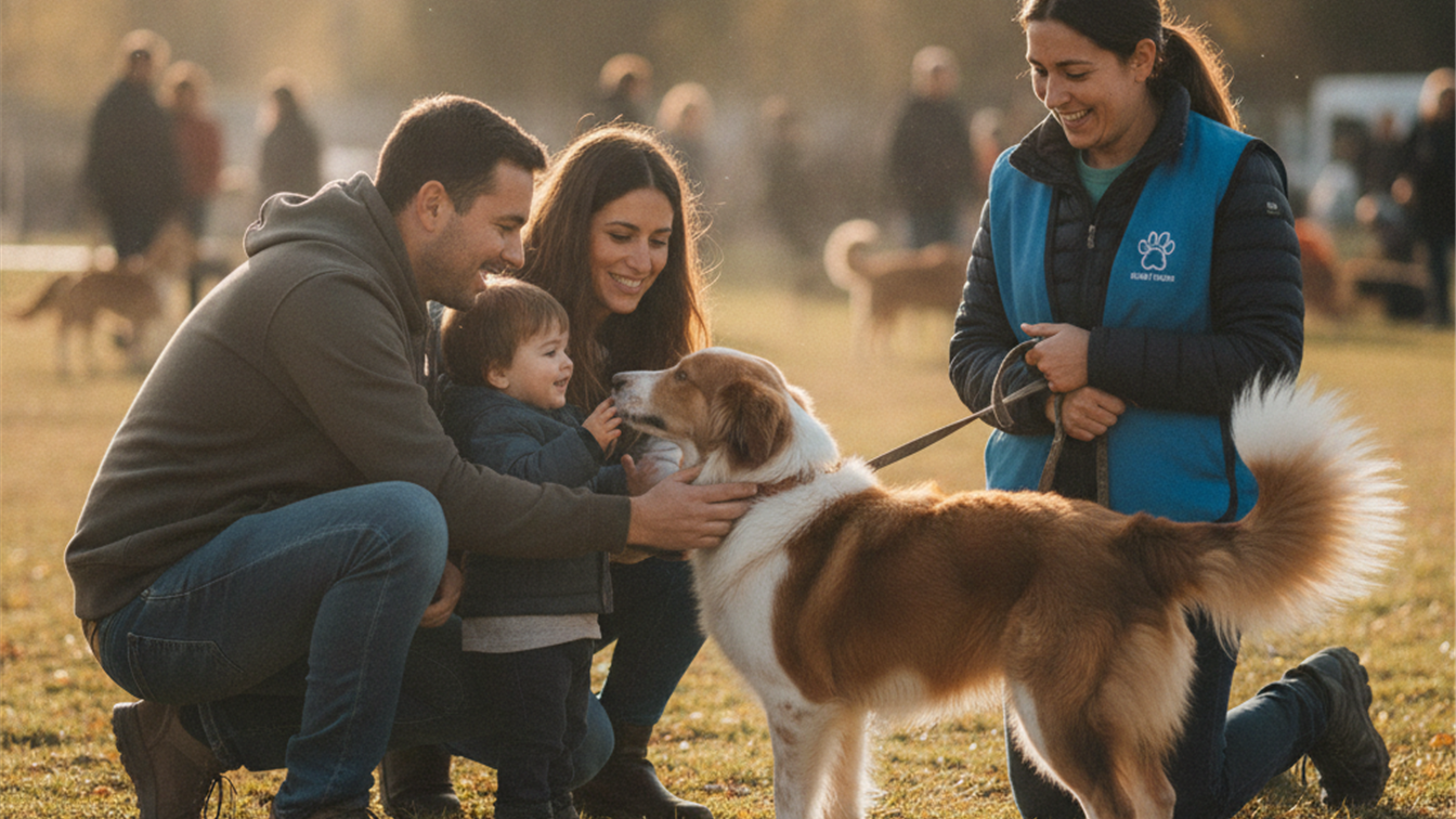 Familia adoptando un perro en una jornada de adopcion en Espana