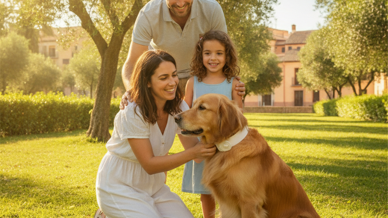 familia aplicando collar antiparasitario a perro en parque en España