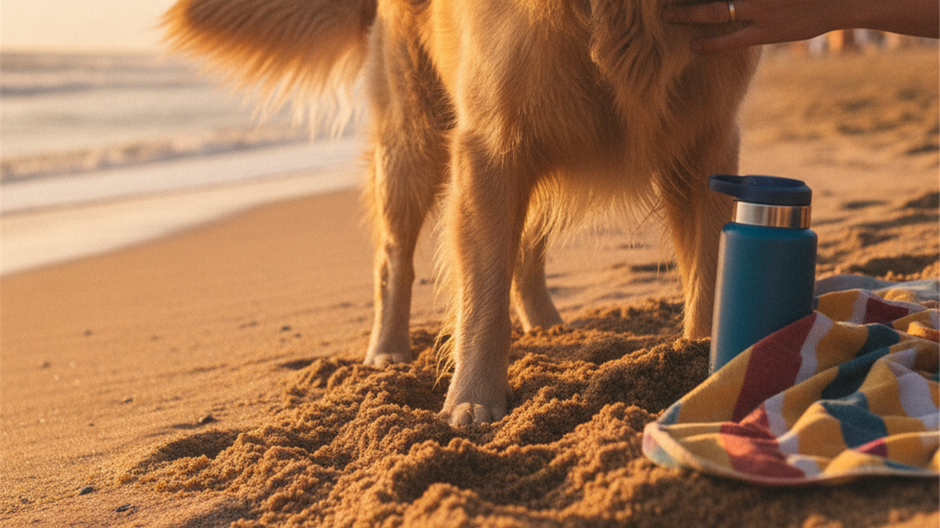 Detalle de las patas de un perro en la arena de una playa española