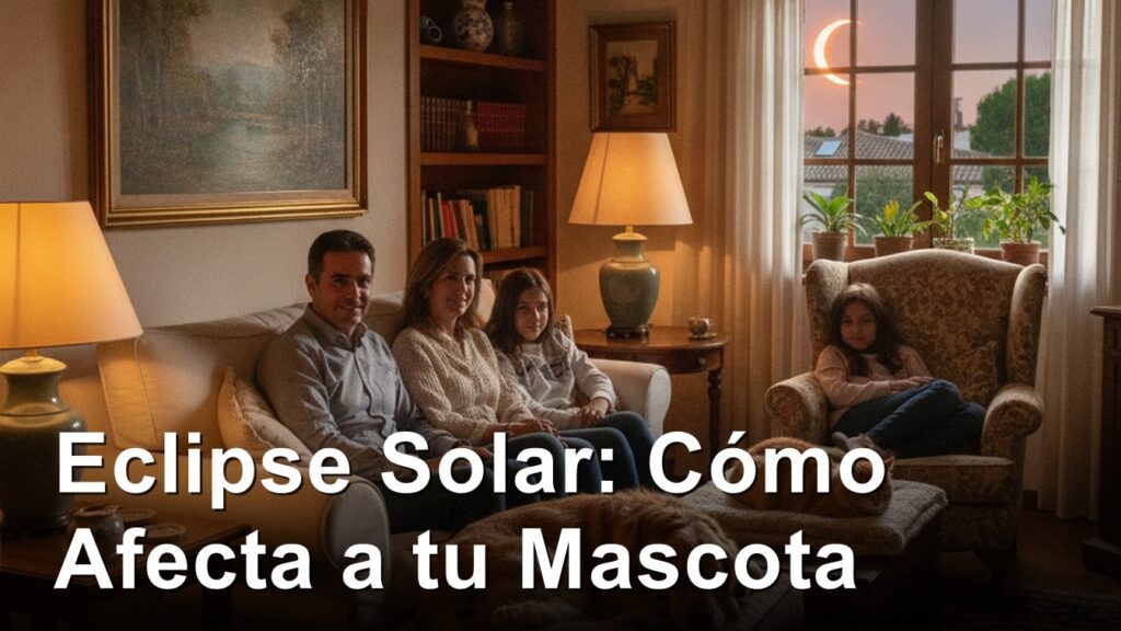 Familia con perro y gato en casa durante el eclipse solar en Espana