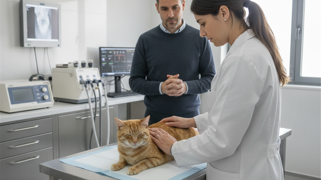 Veterinario examinando gato en consulta, noticias mascotas Espana