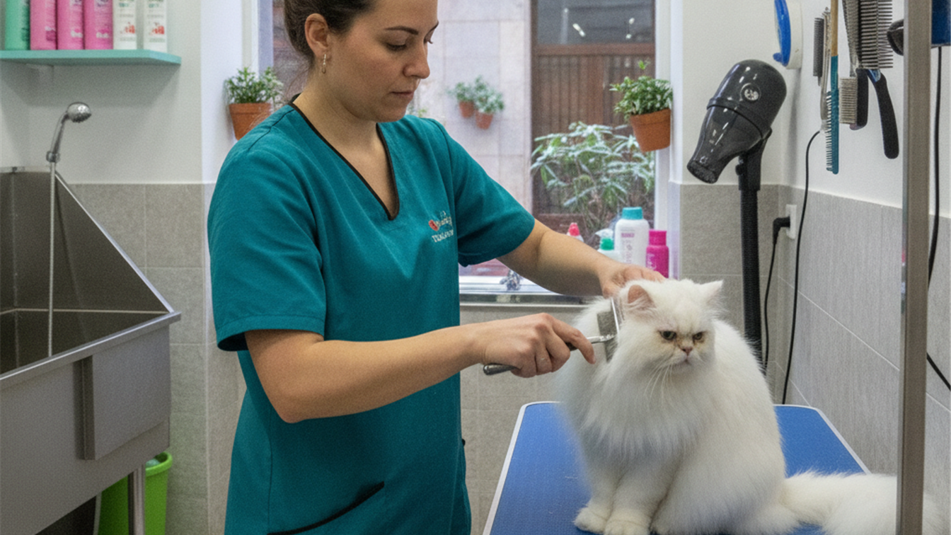 peluquera profesional cepillando a un gato en un salon de peluqueria en España
