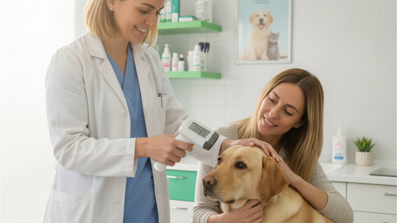 veterinario escaneando el microchip de un perro en una clinica en Espana