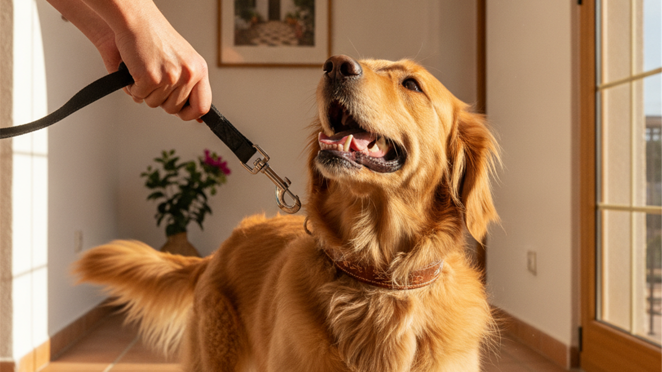 persona poniendo la correa a su perro antes de salir a pasear en Espana
