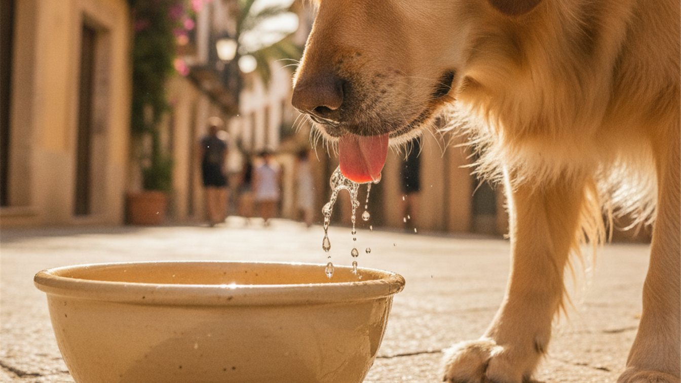 Detalle de un perro bebiendo agua de un cuenco al aire libre en verano