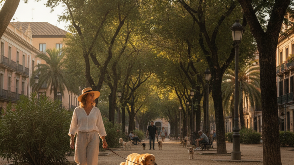 Perro paseando con su dueña a la sombra en un parque durante la ola de calor en Espana