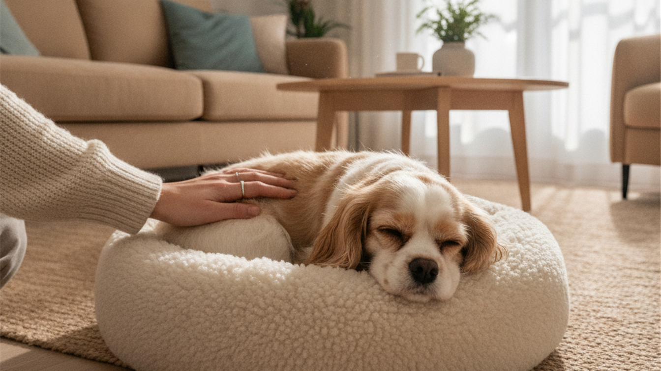 perro pequeno descansando en cama comoda dentro de piso en Espana