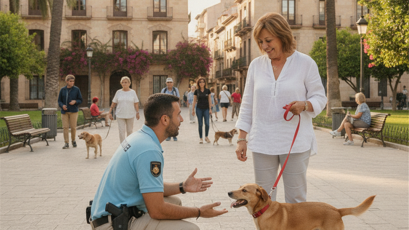 agente municipal hablando con una duena y su perro en un parque de Espana