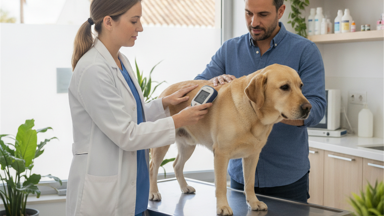 veterinaria escaneando el microchip de un perro labrador junto a su dueno
