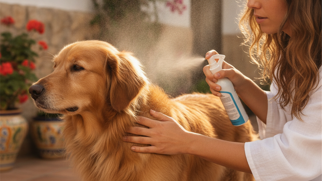 Aplicando repelente antimosquitos a un perro en Espana