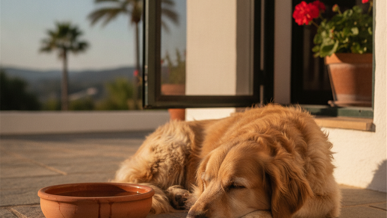Perro descansando a la sombra con agua fresca en una terraza