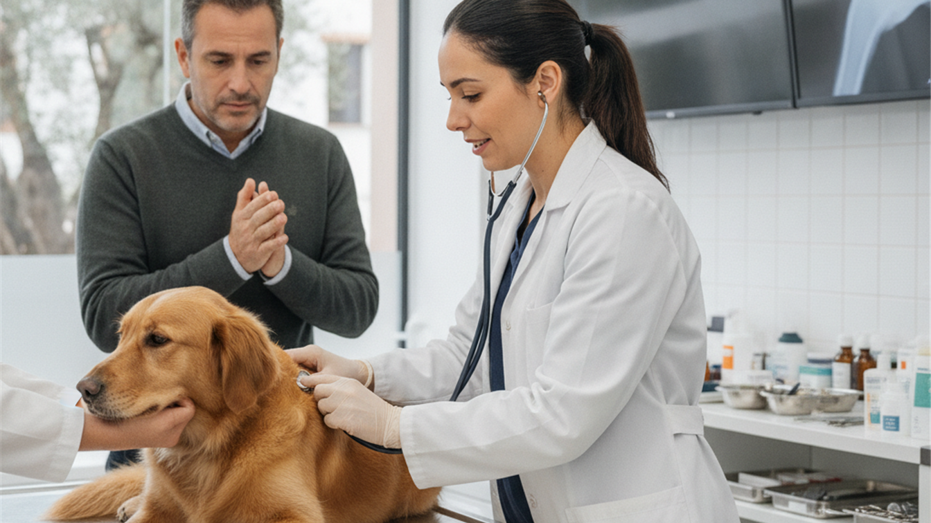 Veterinario examinando un perro en una clinica en Espana
