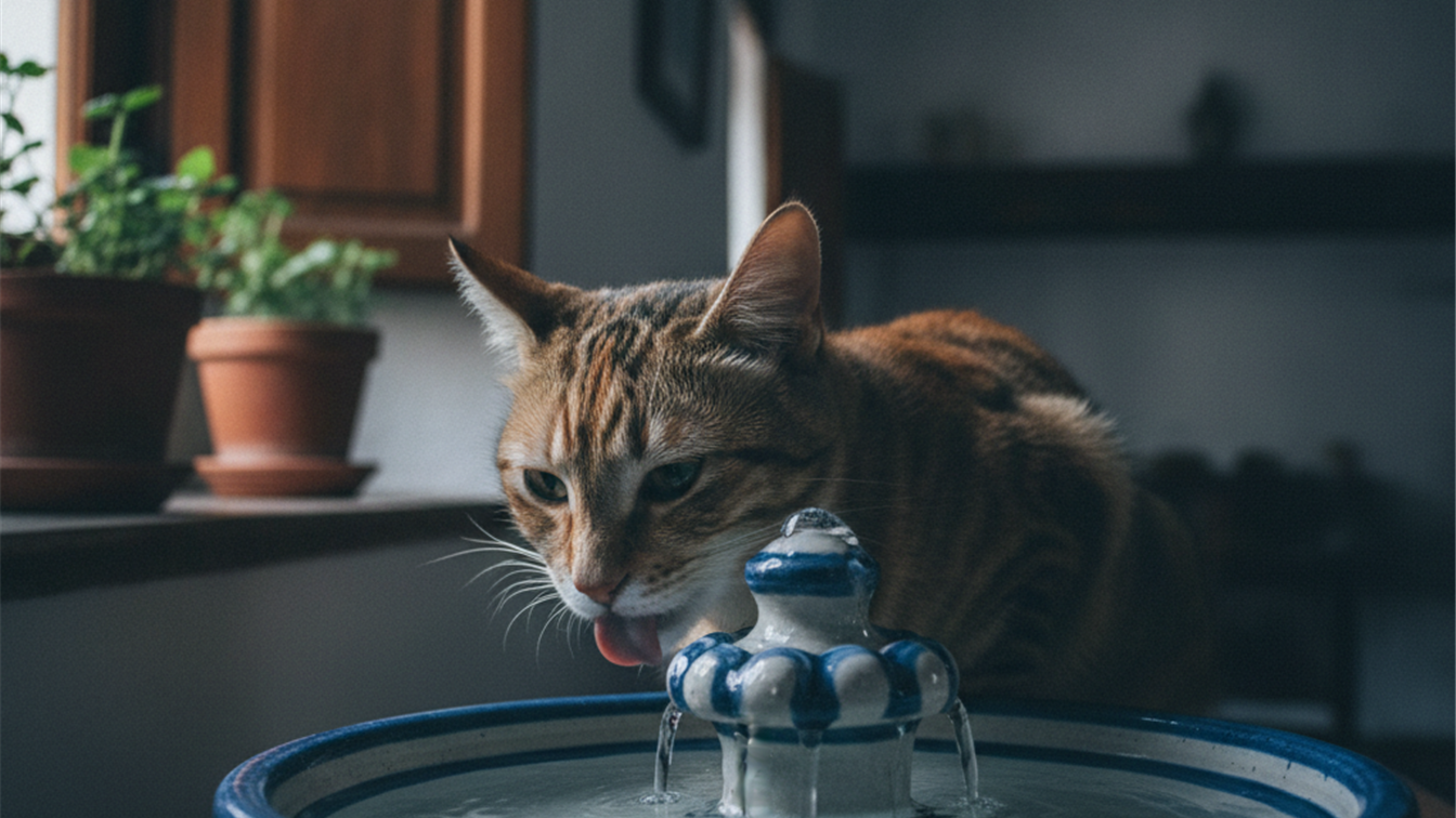 Gato bebiendo agua fresca de una fuente en casa