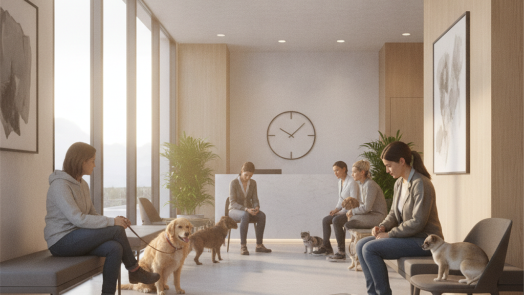 Sala de espera de clinica veterinaria en Espana con duenos de mascotas