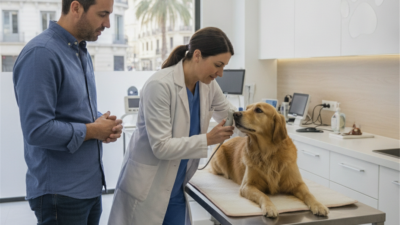 Veterinario examinando a un perro en clinica veterinaria en Espana