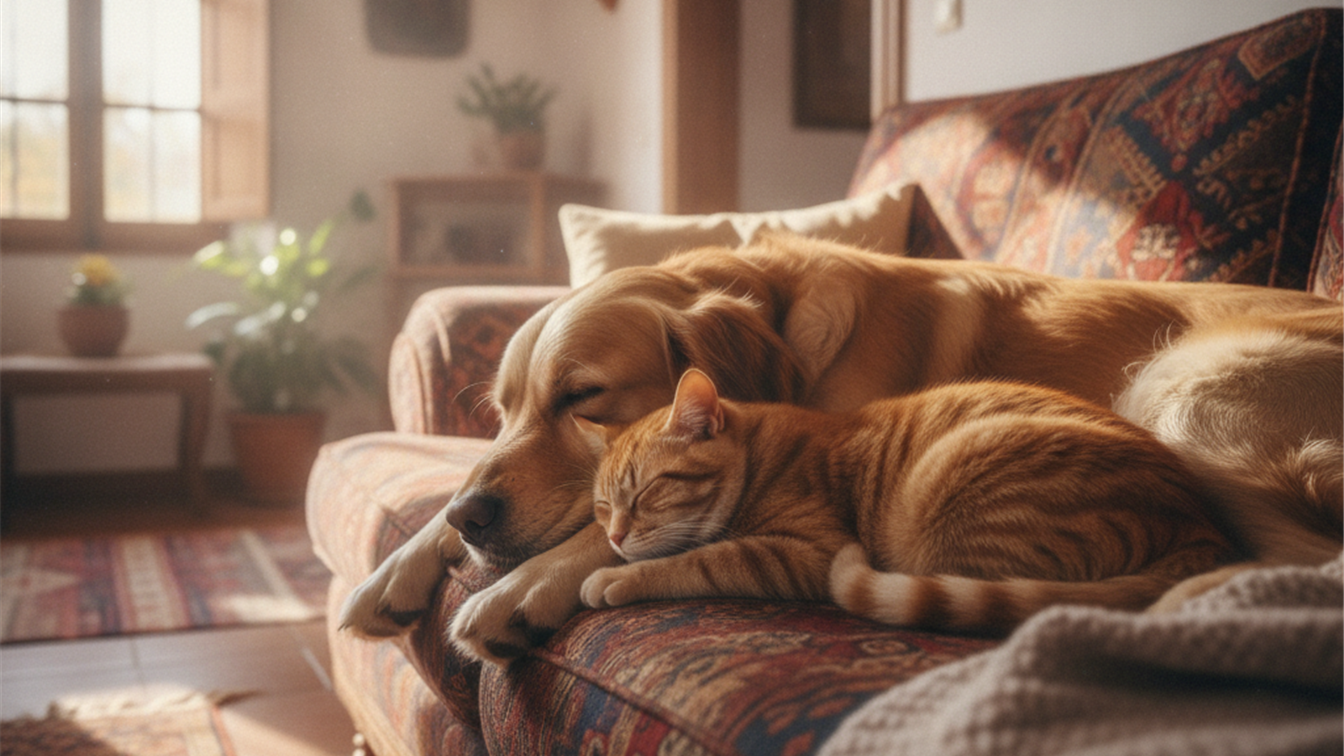 Perro y gato descansando juntos en un hogar espanol