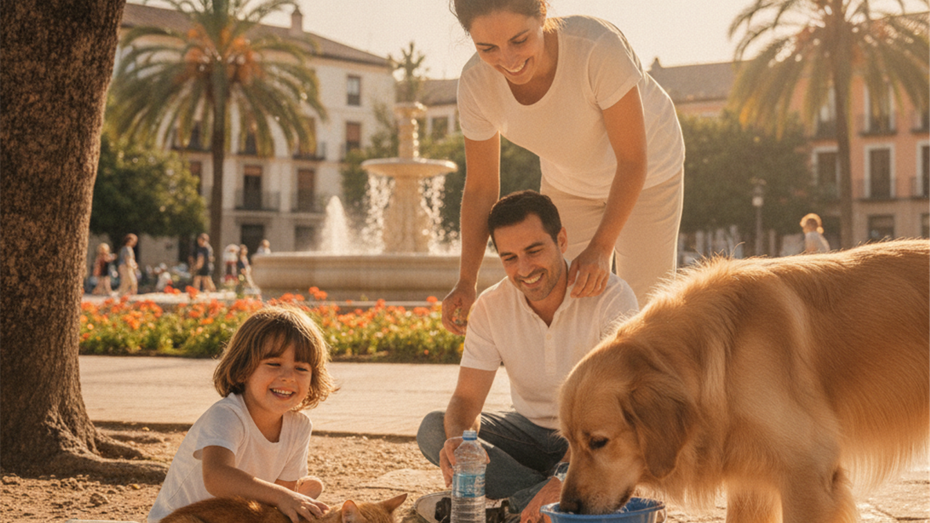 Familia dando agua fresca a su perro y gato en verano en Espana