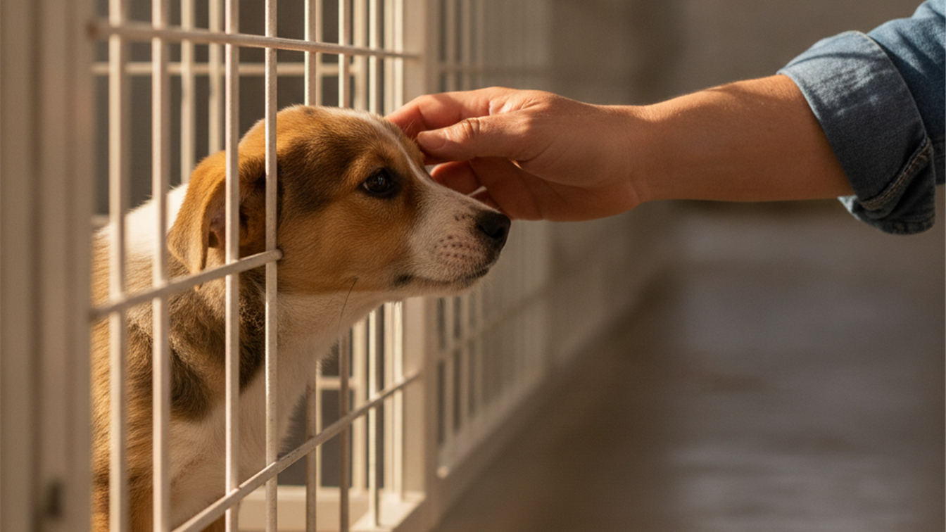 Voluntaria de protectora de animales acariciando a un cachorro rescatado