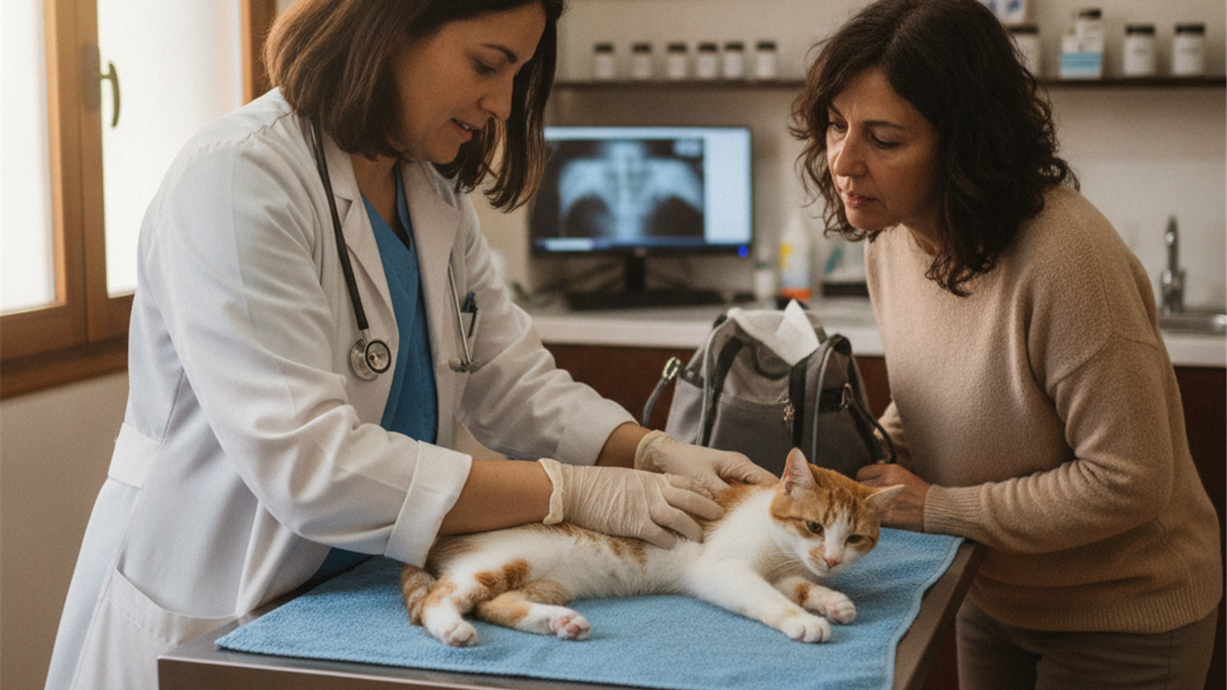 Veterinario examinando a un gato con el dueno presente