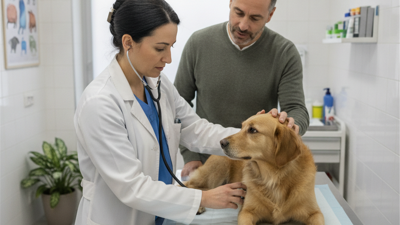 Veterinario examinando un perro en consulta veterinaria