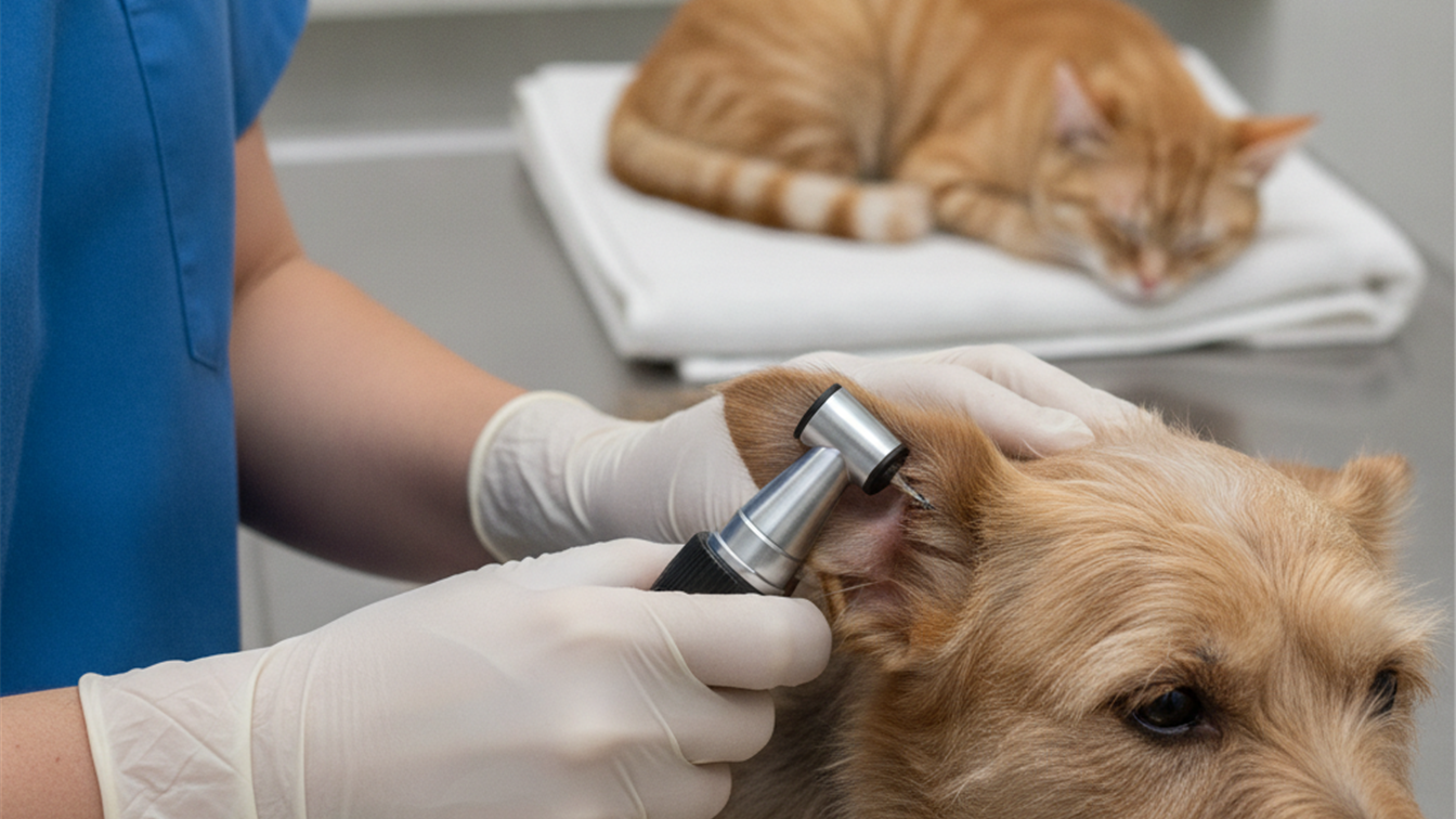 Veterinario revisando el oido de un perro con otoscopio