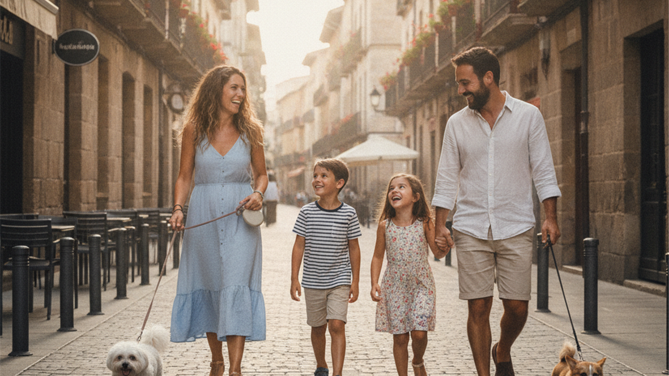 Familia paseando perros en ciudad espanola
