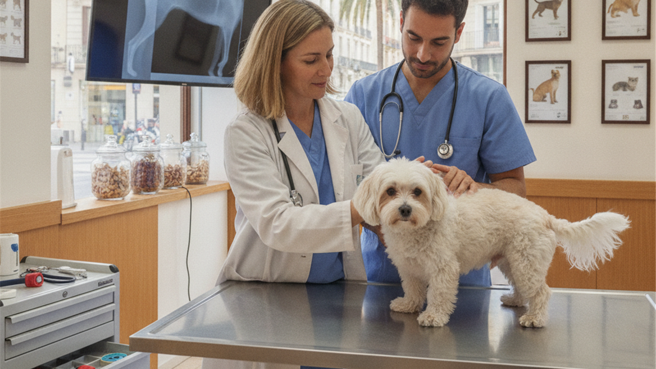 veterinario revisando a un perro en una clinica veterinaria en España