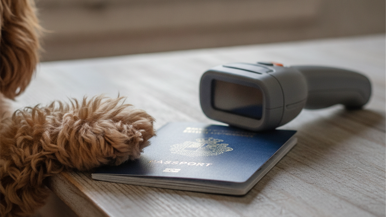 pasaporte europeo para mascotas y microchip sobre una mesa junto a un perro pequeño