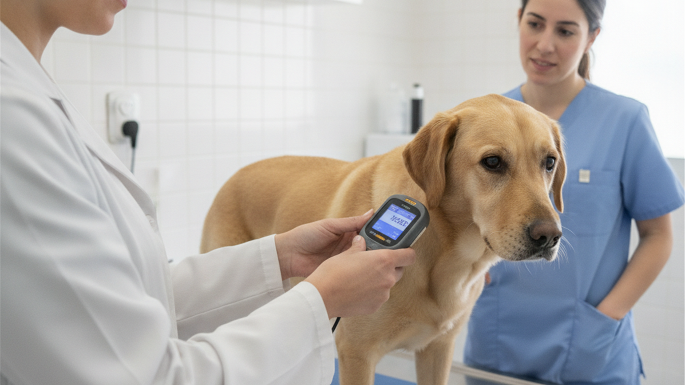 Veterinario escaneando microchip a un perro en clinica