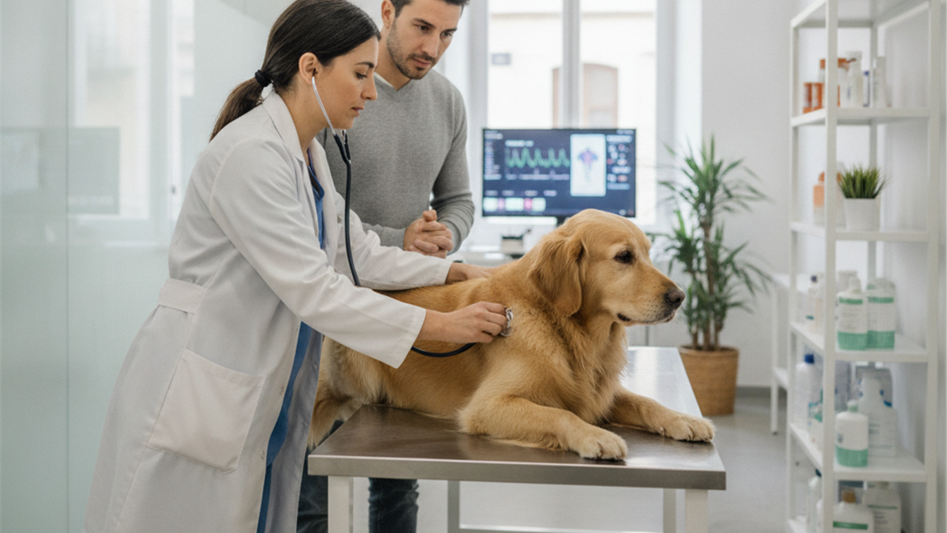 veterinario examinando a un perro en clinica veterinaria en Espana