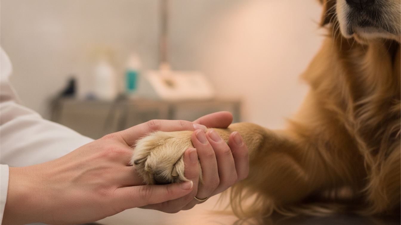 manos de veterinario revisando la pata de un perro en consulta