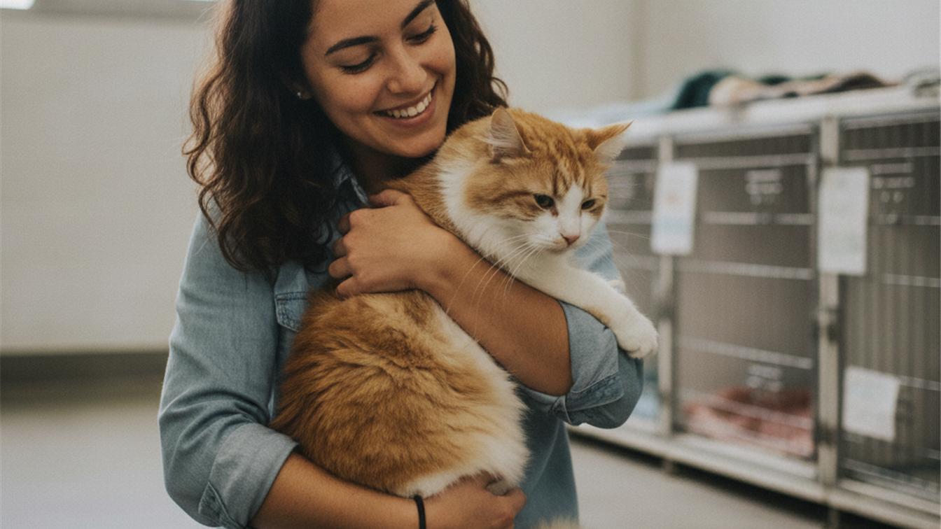 Mujer acariciando a un gato adoptado en un refugio en España