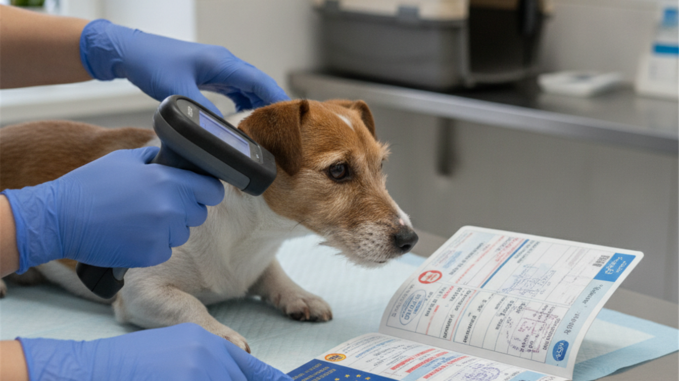 Veterinario escaneando el microchip de un perro con pasaporte europeo