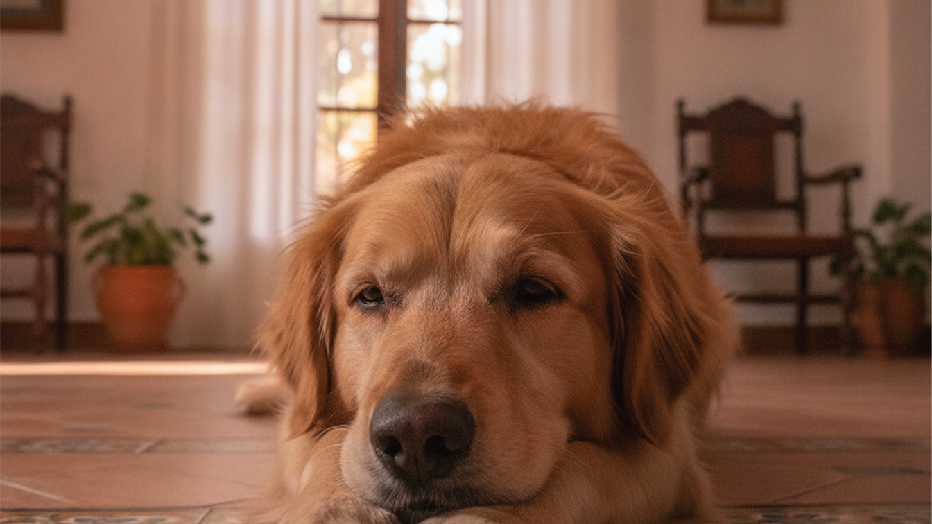 Perro descansando tranquilo en casa durante el eclipse solar