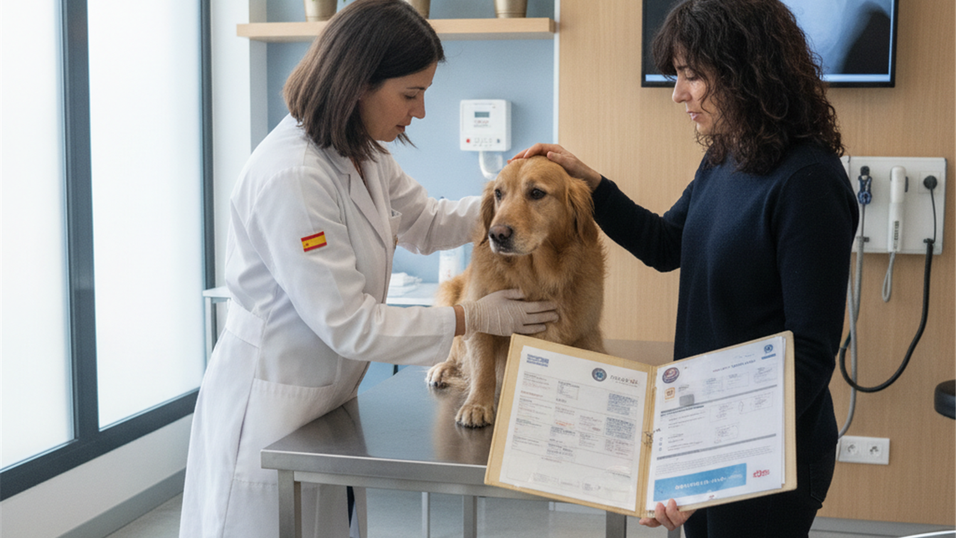 veterinario en Espana examinando perro con dueno sujetando documentos de seguro