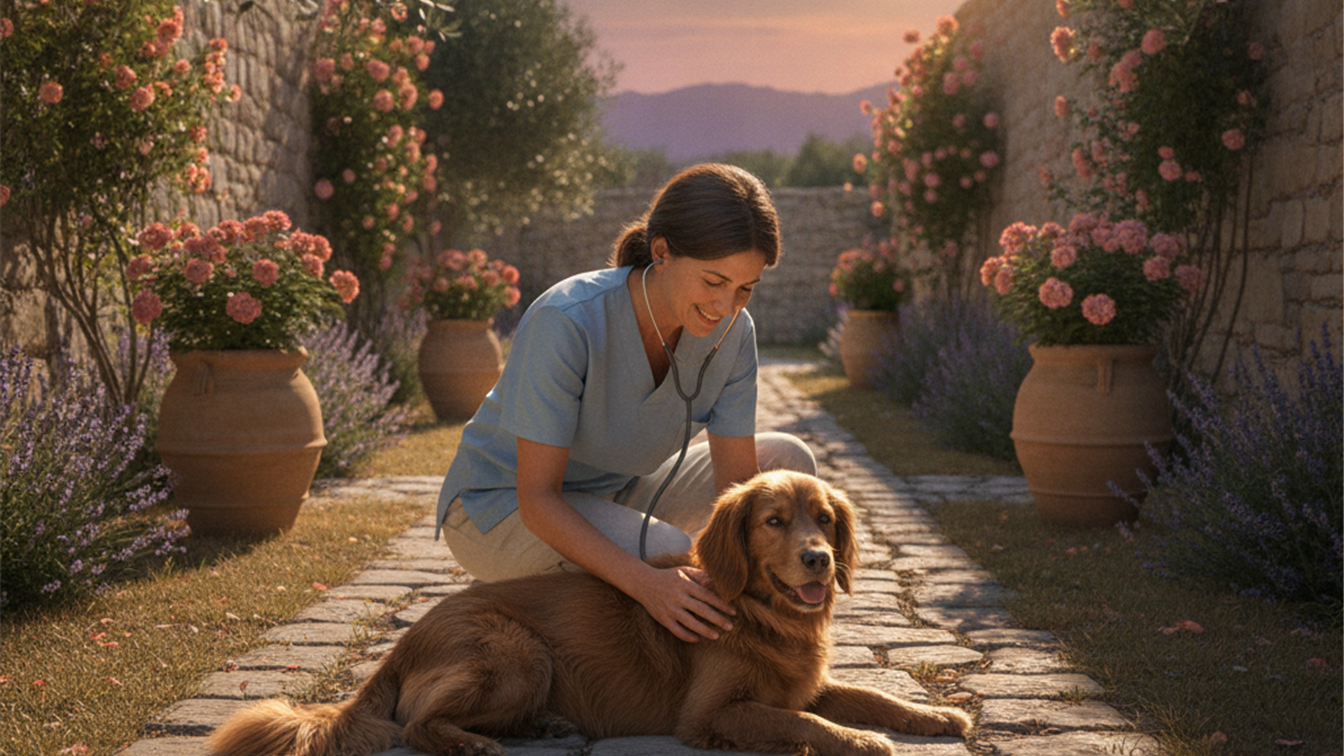Veterinario revisando a un perro tranquilo durante el eclipse solar