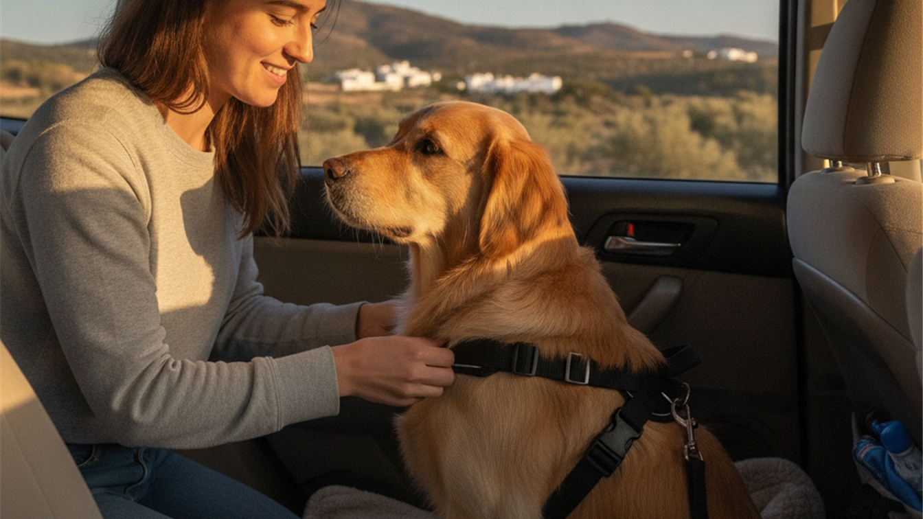 mujer ajustando arnes de seguridad a su perro en el coche