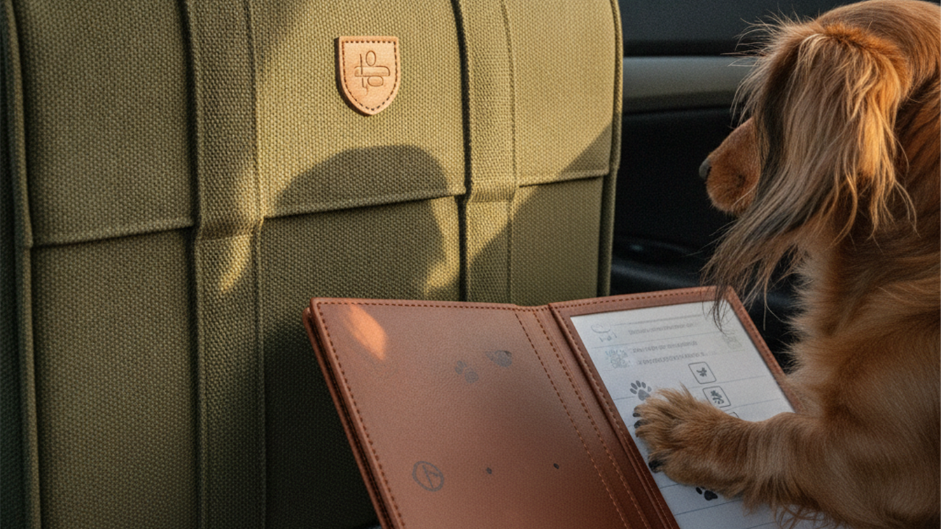 transportin y documentos de mascota sobre el asiento del coche