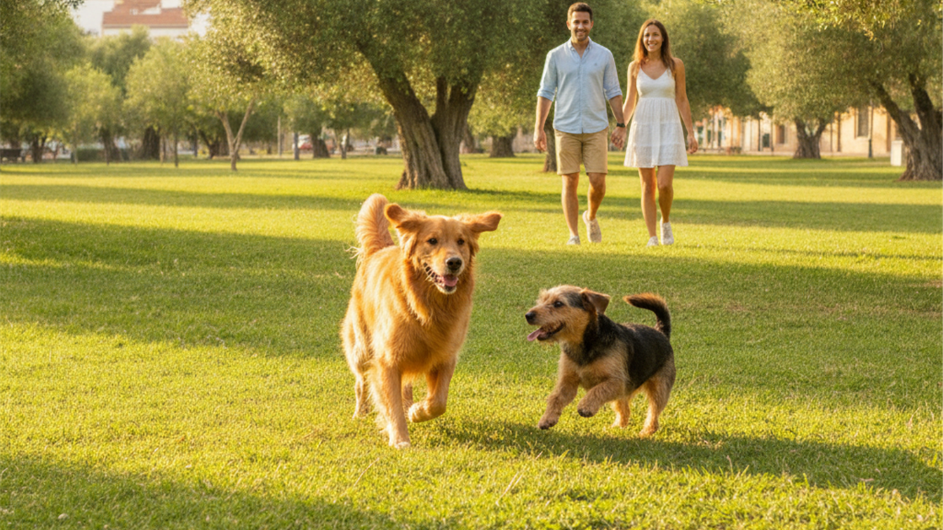 dos perros jugando en parque en España