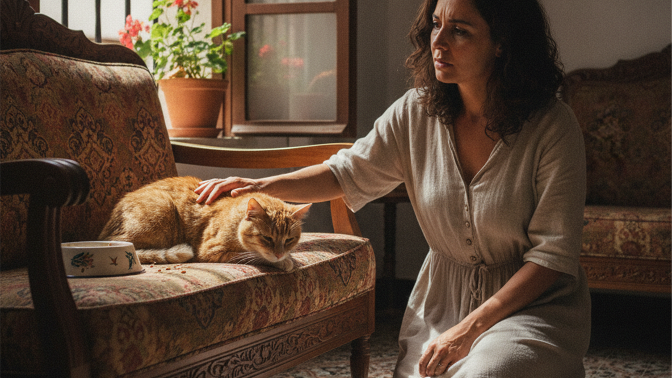 Mujer preocupada observando a su gato de interior letárgico en España 2026