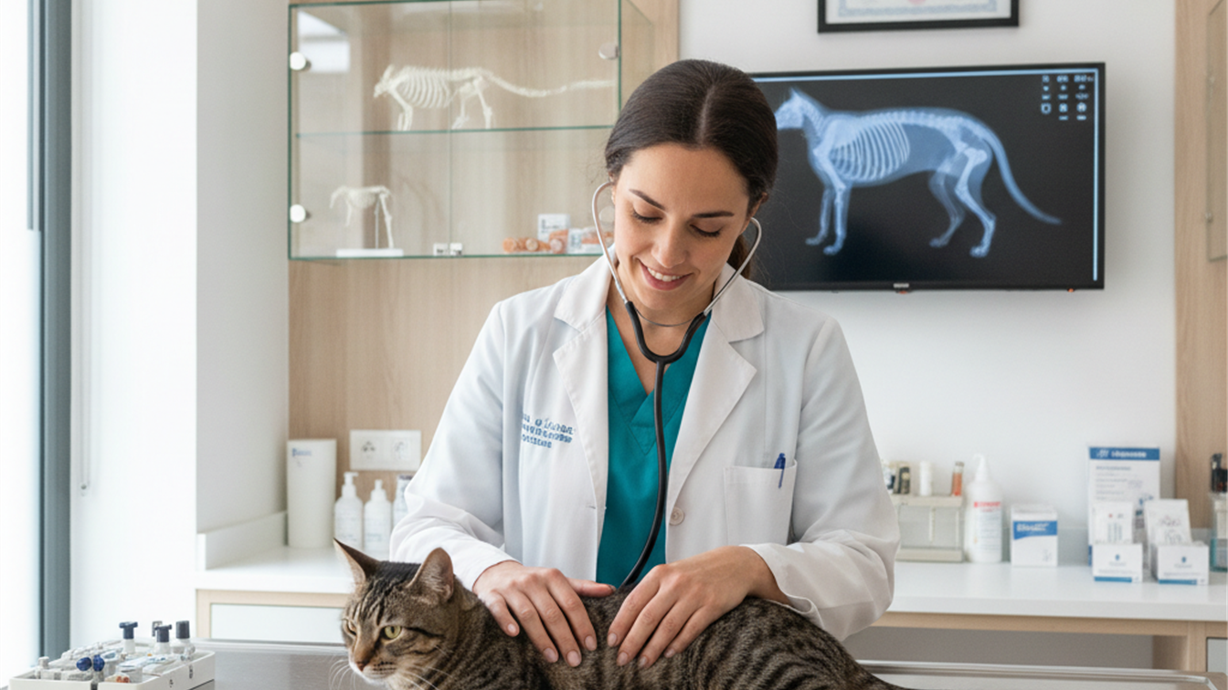 Veterinario revisando gato clinica Espana 2026
