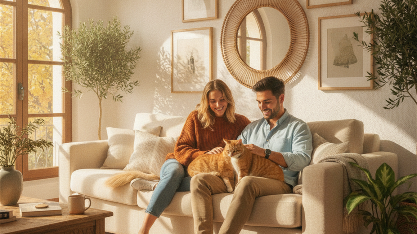 Pareja con perro y gato en casa en España 2026