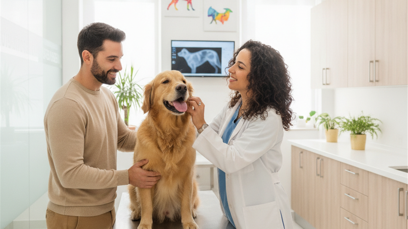 Veterinario examinando perro en clinica moderna Espana 2026